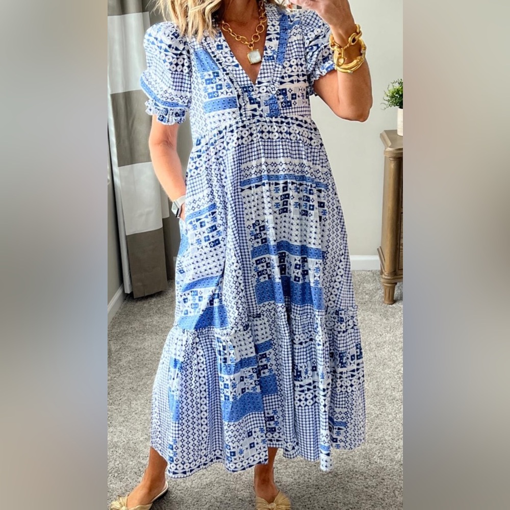 English Factory Geometric Print Tiered Midi Dress